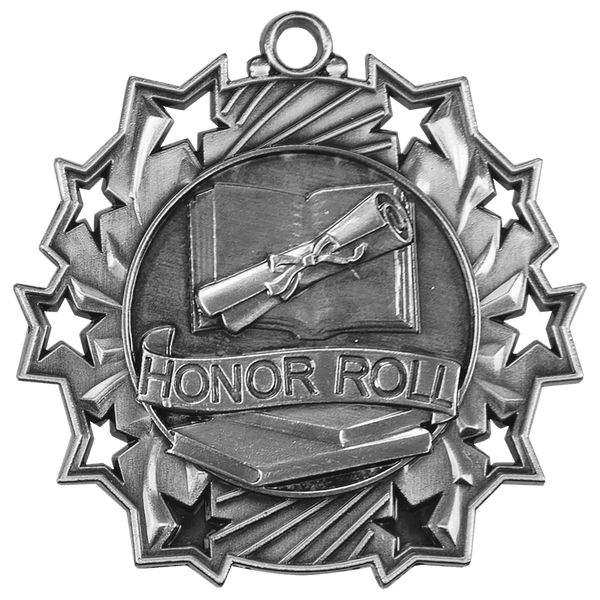Antique Silver 2 1/4" Honor Roll Ten Star Medal