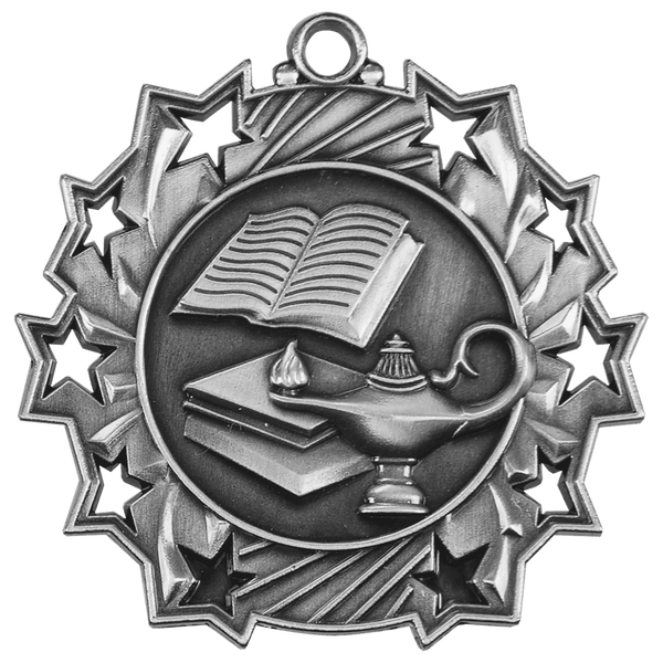Antique Silver 2 1/4" Lamp of Knowledge Ten Star Medal