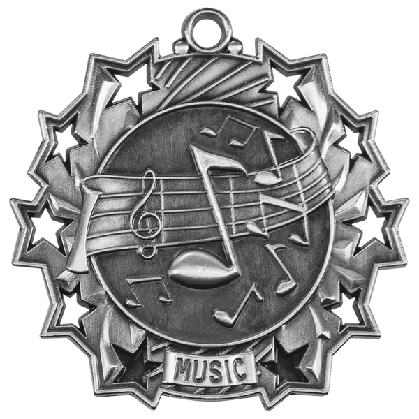 Antique Silver 2 1/4" Music Ten Star Medal
