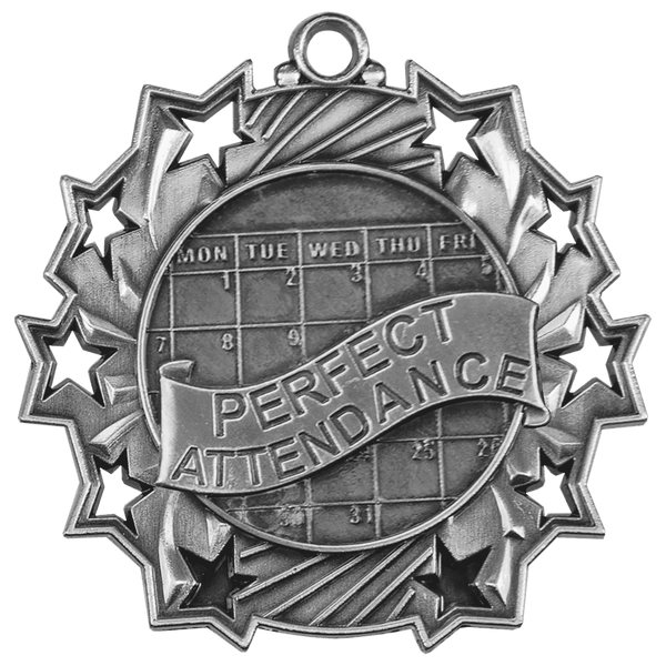 Antique Silver 2 1/4" Perfect Attendance Ten Star Medal